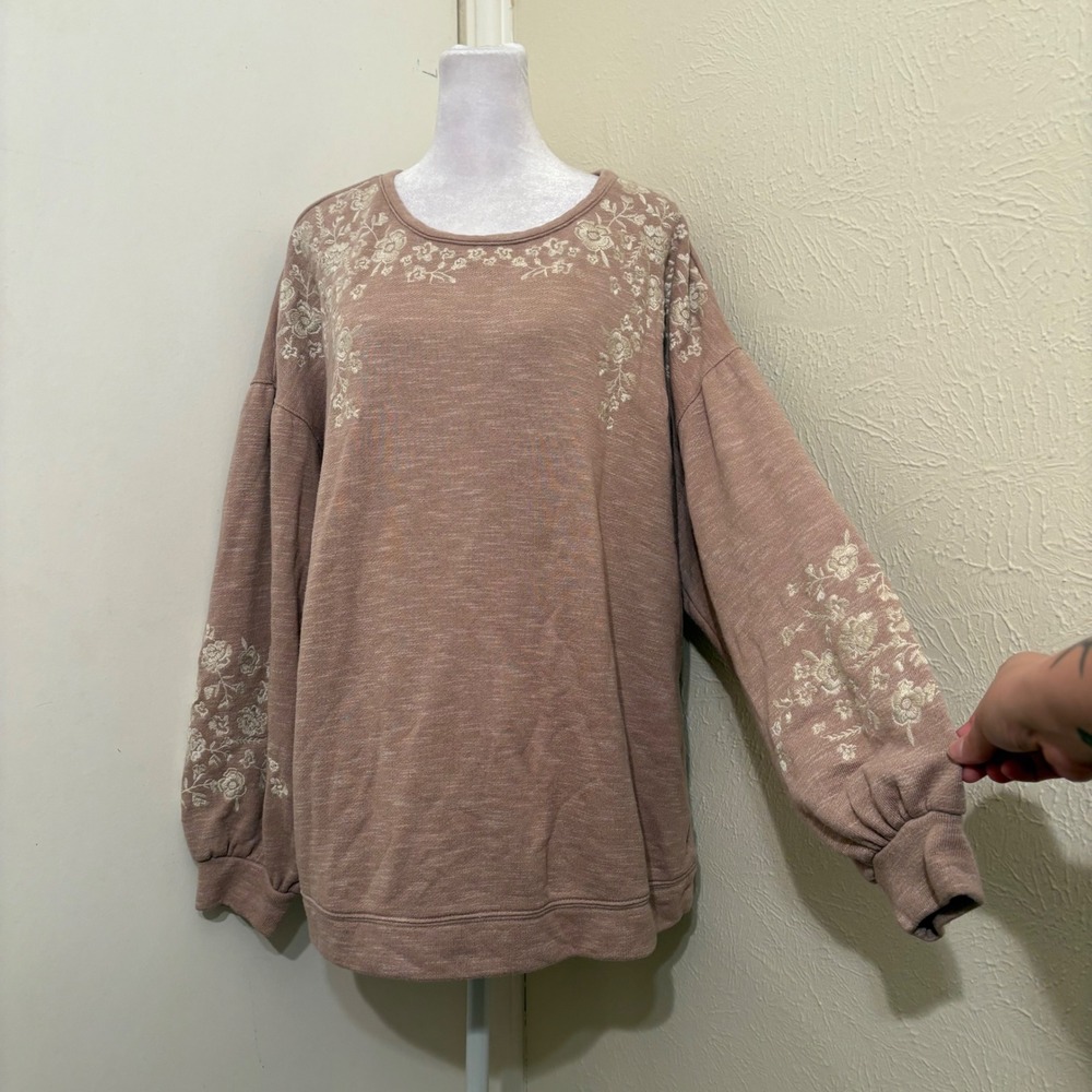 Mauve Tan Pink Embroidered Floral Balloon Sleeve Sweatshirt 1X Boho Fall Rustic
